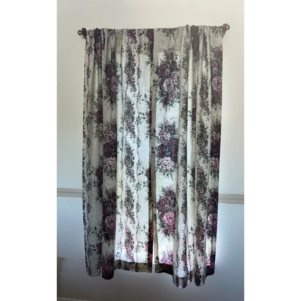 JCPenney Floral Pole Pocket Draperies Purple Rose Lined Curtains Set of 2 Panels